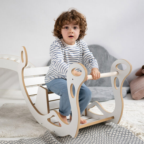 PLUSH NEST Rocker with bench for children, white, Wooden Play